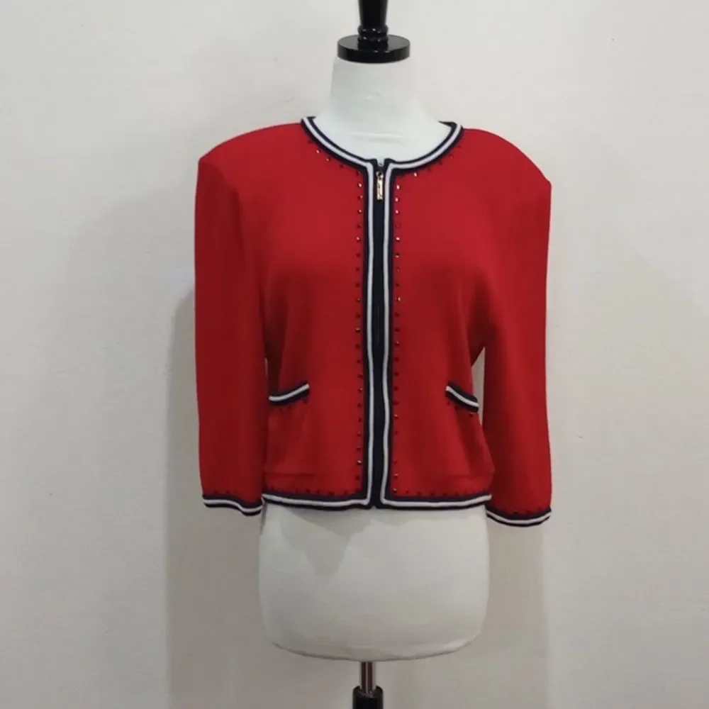 St. John Collection By Marie Gray Red Knit Zip Front Blazer Cardigan Sweater 8